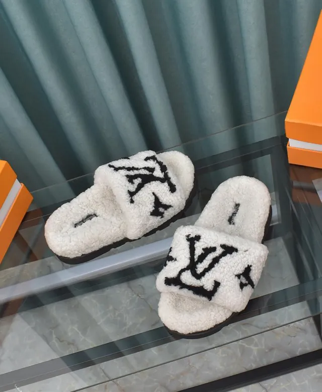 Louis Vuitton Shearling Slide White Black Slippers 7