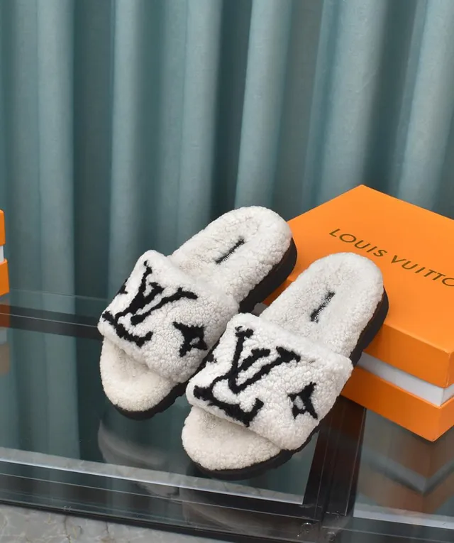 Louis Vuitton Shearling Slide White Black Slippers 9