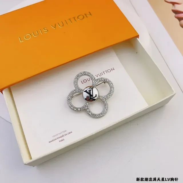 Broche Louis Vuitton Prata Preto Quatro Pétalos Floral Cristal-Pavé 5
