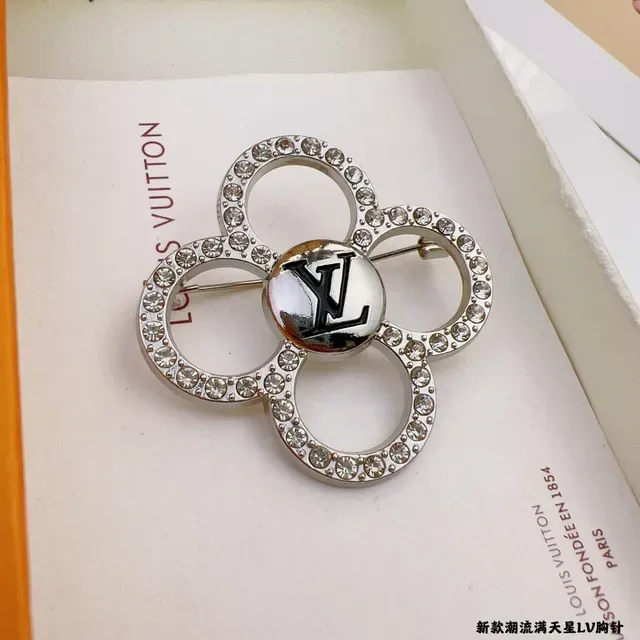 Broche Louis Vuitton Prata Preto Quatro Pétalos Floral Cristal-Pavé 6