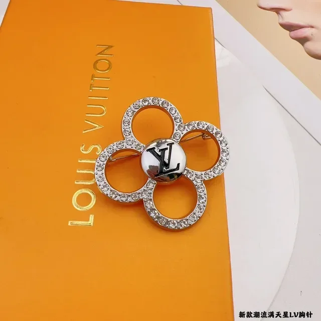 Broche Louis Vuitton Prata Preto Quatro Pétalos Floral Cristal-Pavé 9