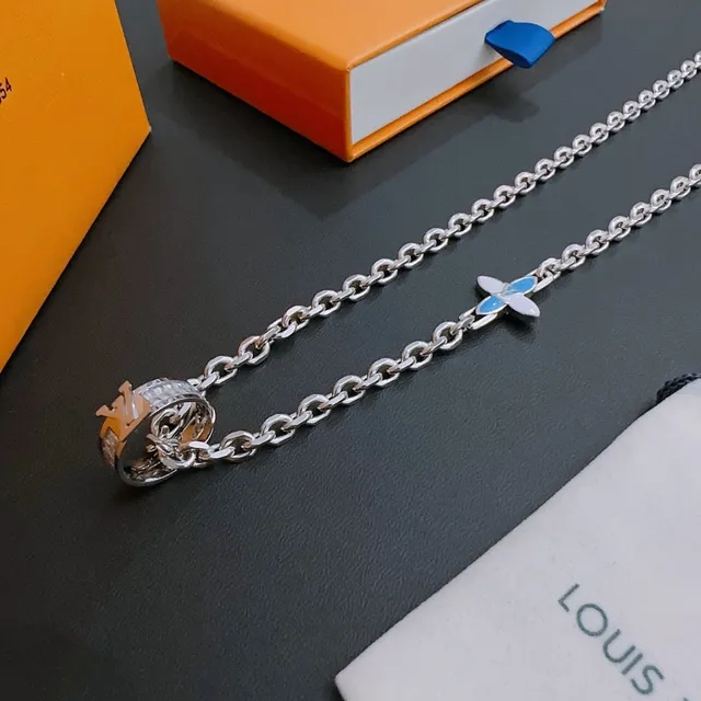 Louis Vuitton Corrente Curb Azul Prateada Esmaltada Borboleta Pingente Colar 5