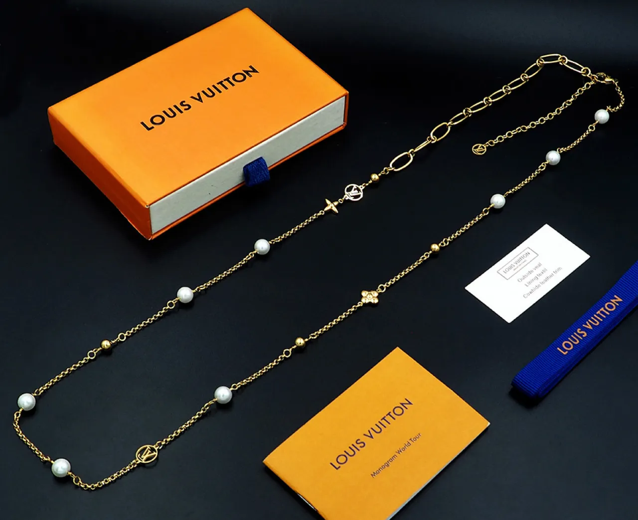 Louis Vuitton Silver Chain Pearl Accents Necklace 8