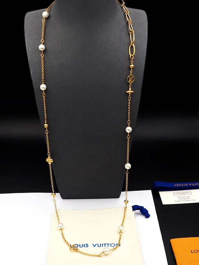 Louis Vuitton Silver Chain Pearl Accents Necklace 11