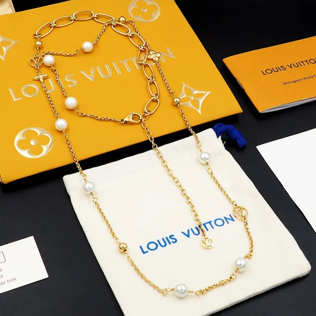 Louis Vuitton Silver Chain Pearl Accents Necklace 12