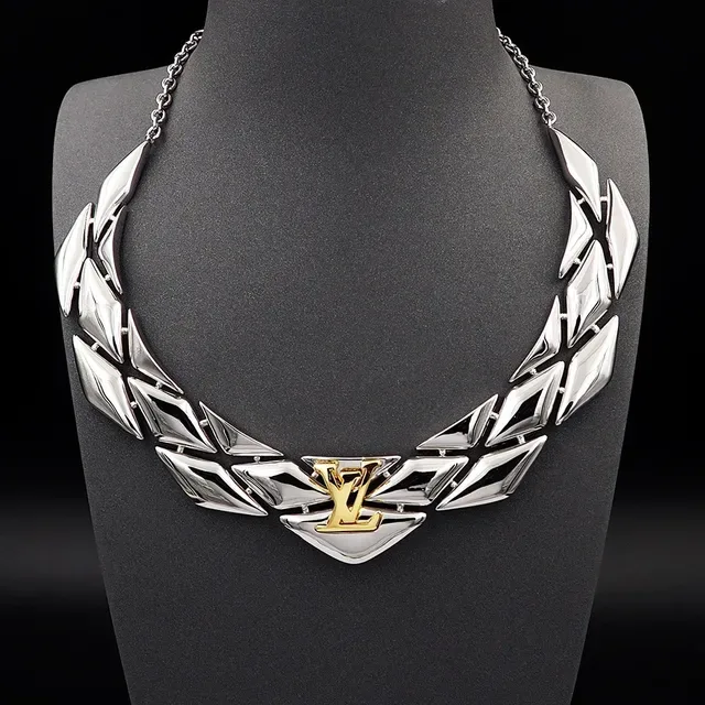 Louis Vuitton Silver Gold Articulated Leaf-Link Structure Rigid Choker Silhouette Necklace 5