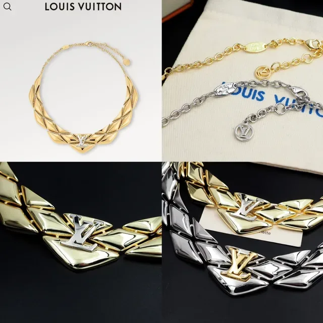 Louis Vuitton Silver Gold Articulated Leaf-Link Structure Rigid Choker Silhouette Necklace 9