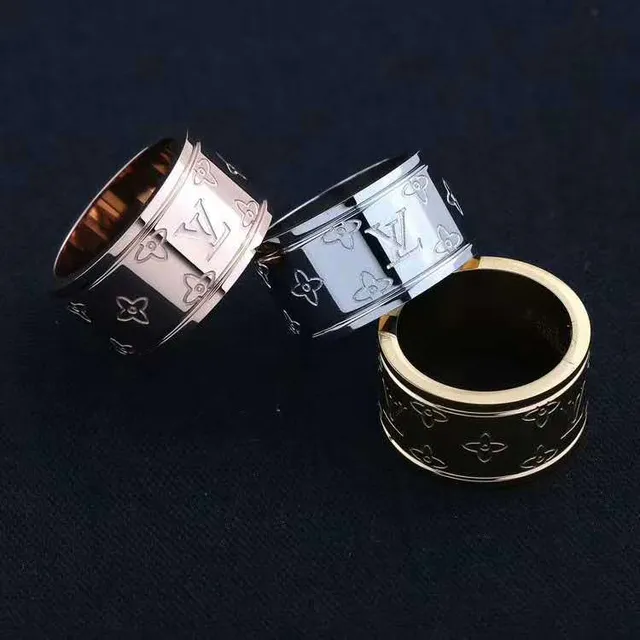 Louis Vuitton Silver Gold Wide Band Engraved Monogram Ring 2