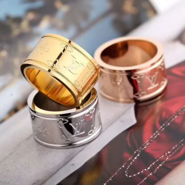 Louis Vuitton Silver Gold Wide Band Engraved Monogram Ring 3