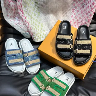Louis Vuitton Slide Black Beige Double-Strap Monogrammed Fabric Upper Slippers