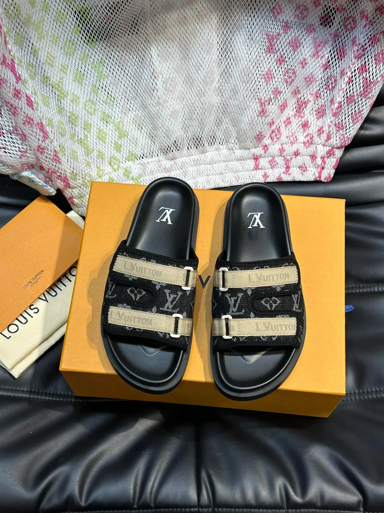 Louis Vuitton Slide Black Beige Double-Strap Monogrammed Fabric Upper Slippers 4