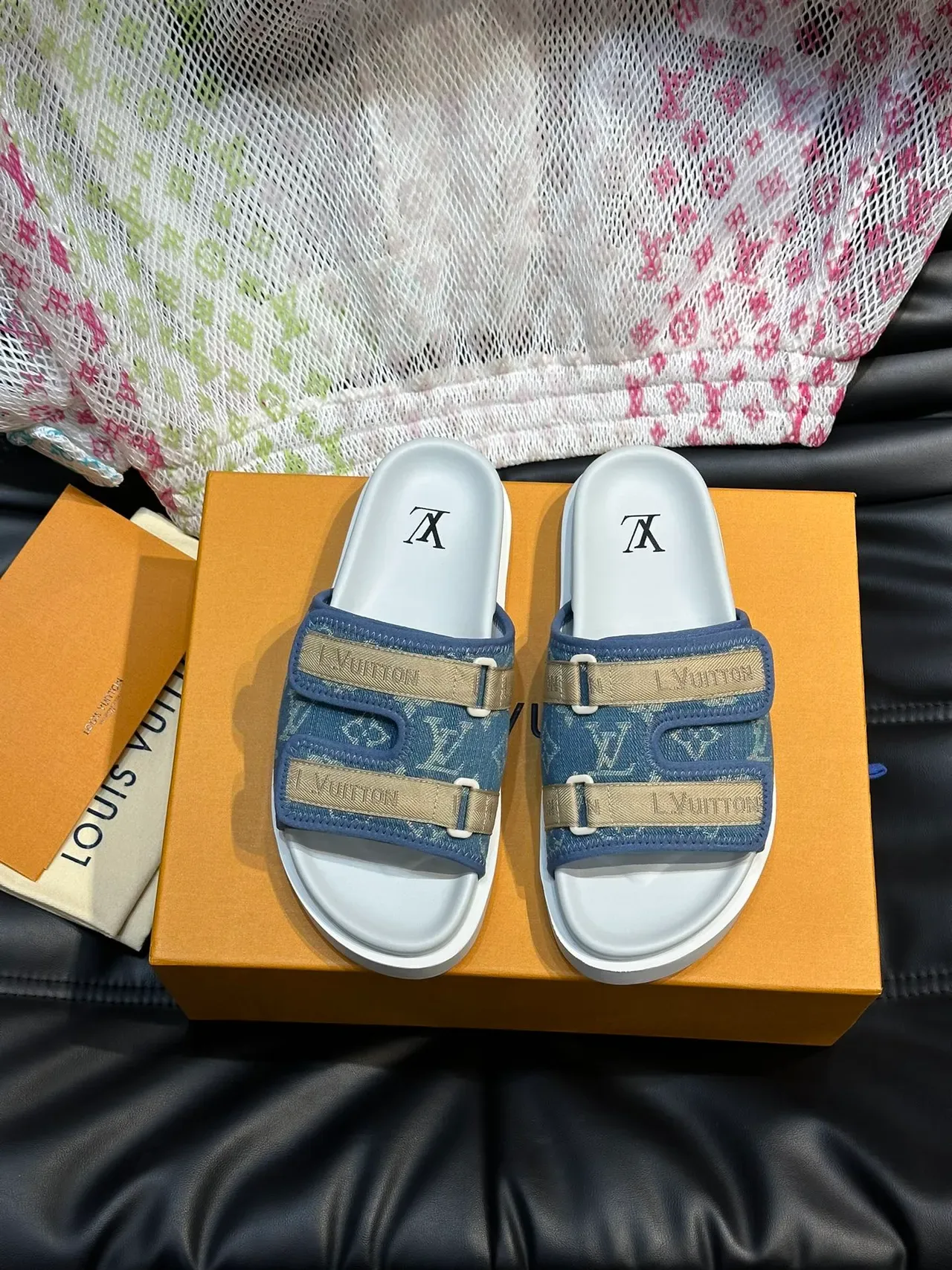 Louis Vuitton Slide Black Beige Double-Strap Monogrammed Fabric Upper Slippers 5