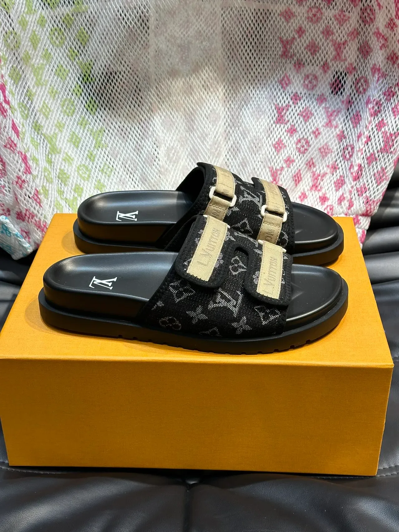 Louis Vuitton Slide Black Beige Double-Strap Monogrammed Fabric Upper Slippers 8