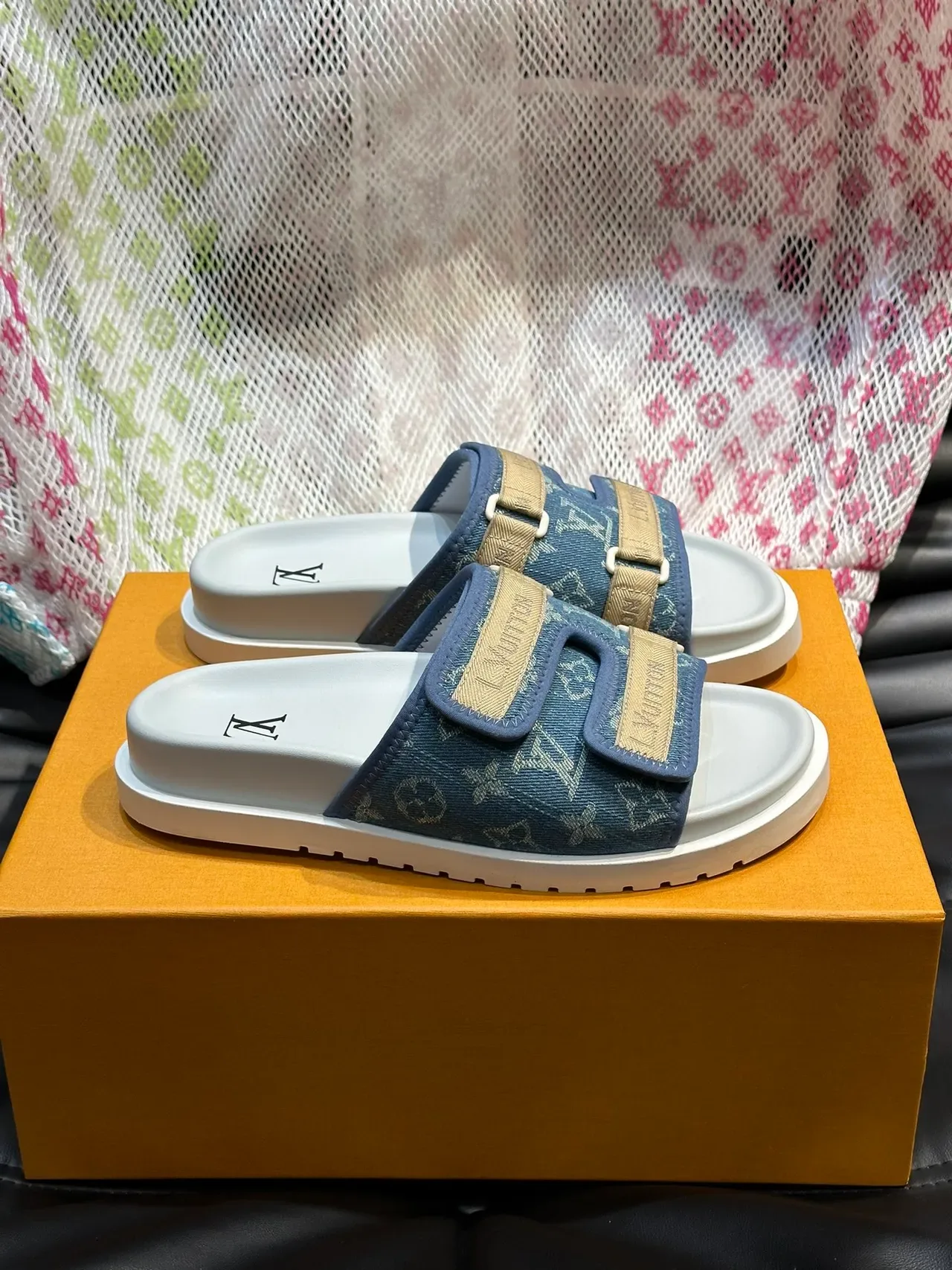 Louis Vuitton Slide Black Beige Double-Strap Monogrammed Fabric Upper Slippers 9