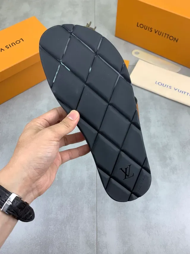 Louis Vuitton Slide Black Brown Two-Strap Embossed Monogram Slippers 2