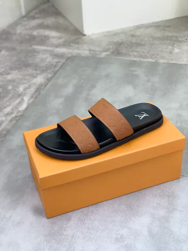 Louis Vuitton Slide Black Brown Two-Strap Embossed Monogram Slippers 3