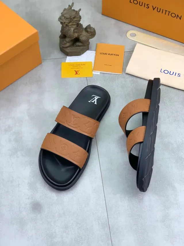 Louis Vuitton Slide Black Brown Two-Strap Embossed Monogram Slippers 4
