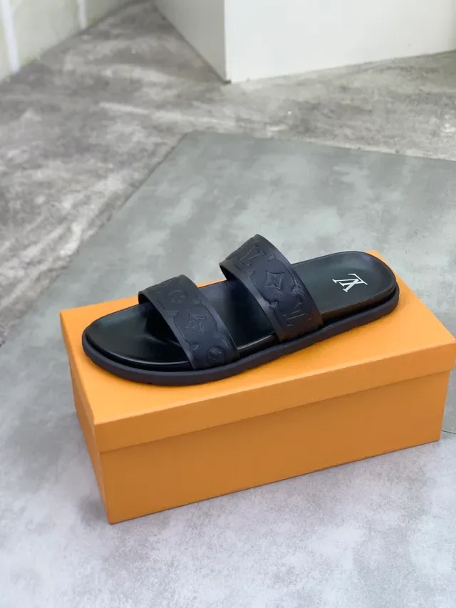 Louis Vuitton Slide Black Monogram-Embossed Straps Two-Strap Slippers 3