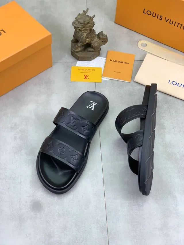 Louis Vuitton Slide Black Monogram-Embossed Straps Two-Strap Slippers 4