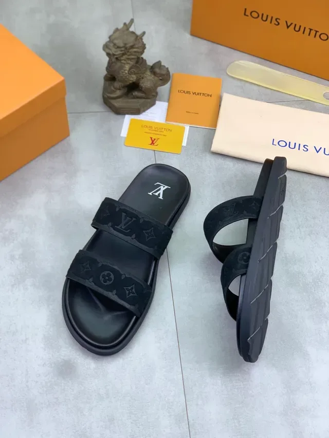 Louis Vuitton Slide Black Two-Strap Monogrammed Suede Straps Slippers 5