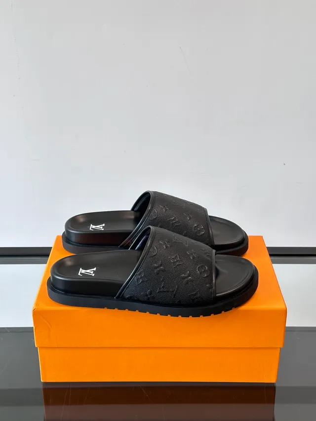 Louis Vuitton Slide Black White Monogrammed Rubber Molded Sole Slippers 9