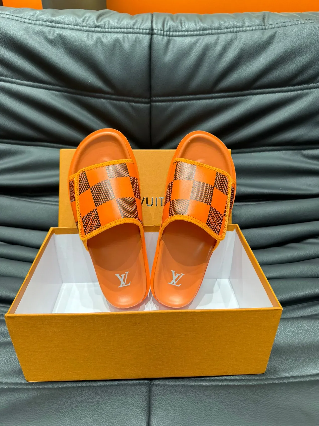 Louis Vuitton Slide Orange and Black Checkerboard Slipper 5