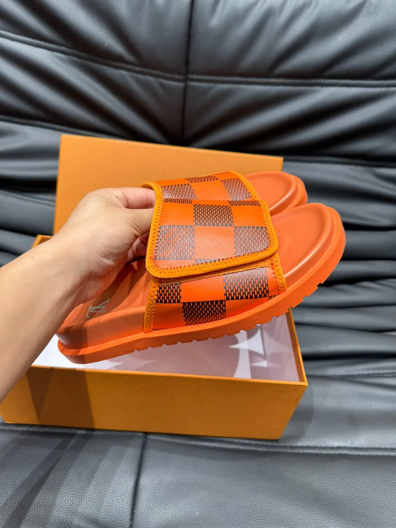 Louis Vuitton Slide Orange and Black Checkerboard Slipper 6