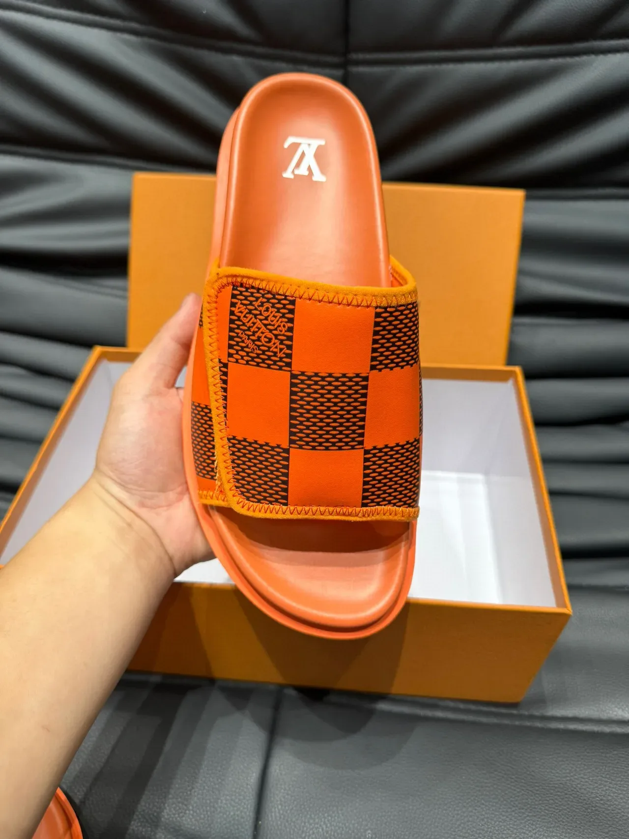 Louis Vuitton Slide Orange and Black Checkerboard Slipper 7
