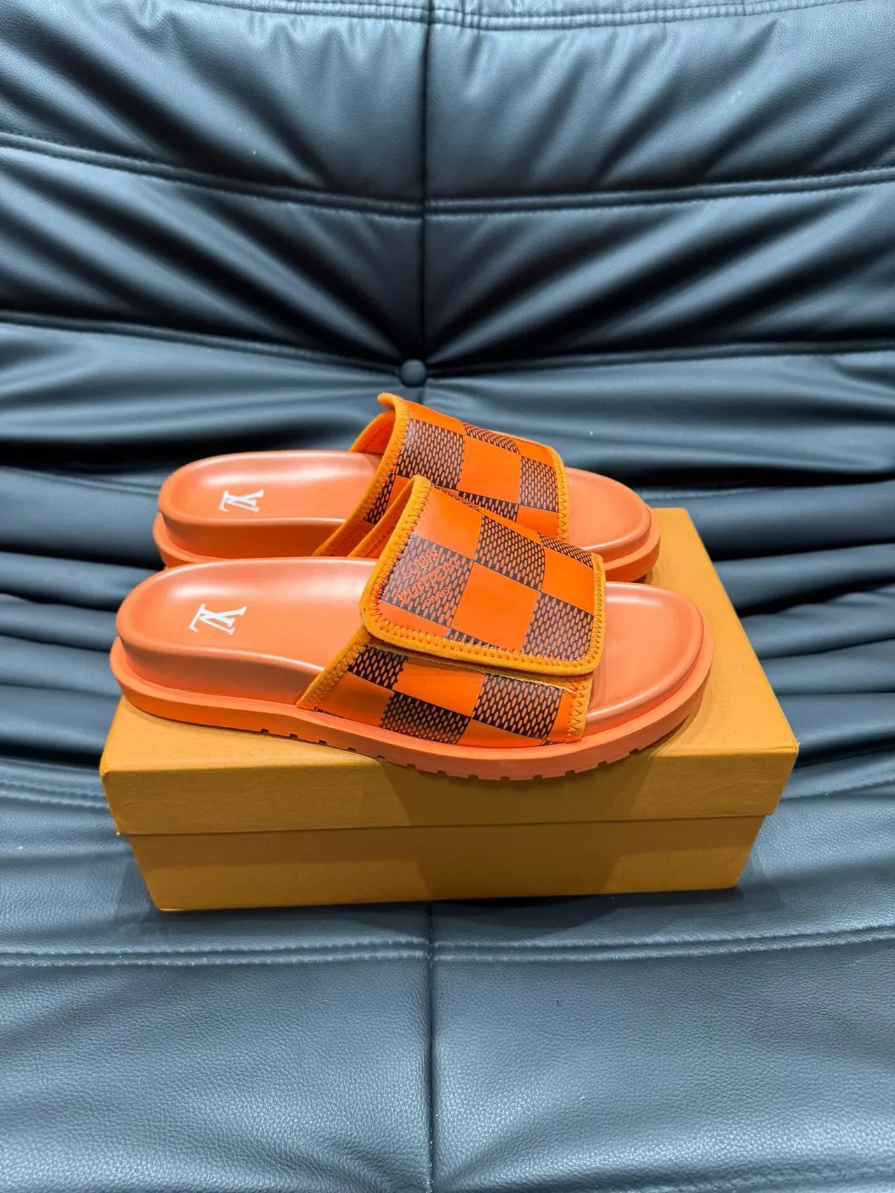 Louis Vuitton Slide Orange and Black Checkerboard Slipper 9
