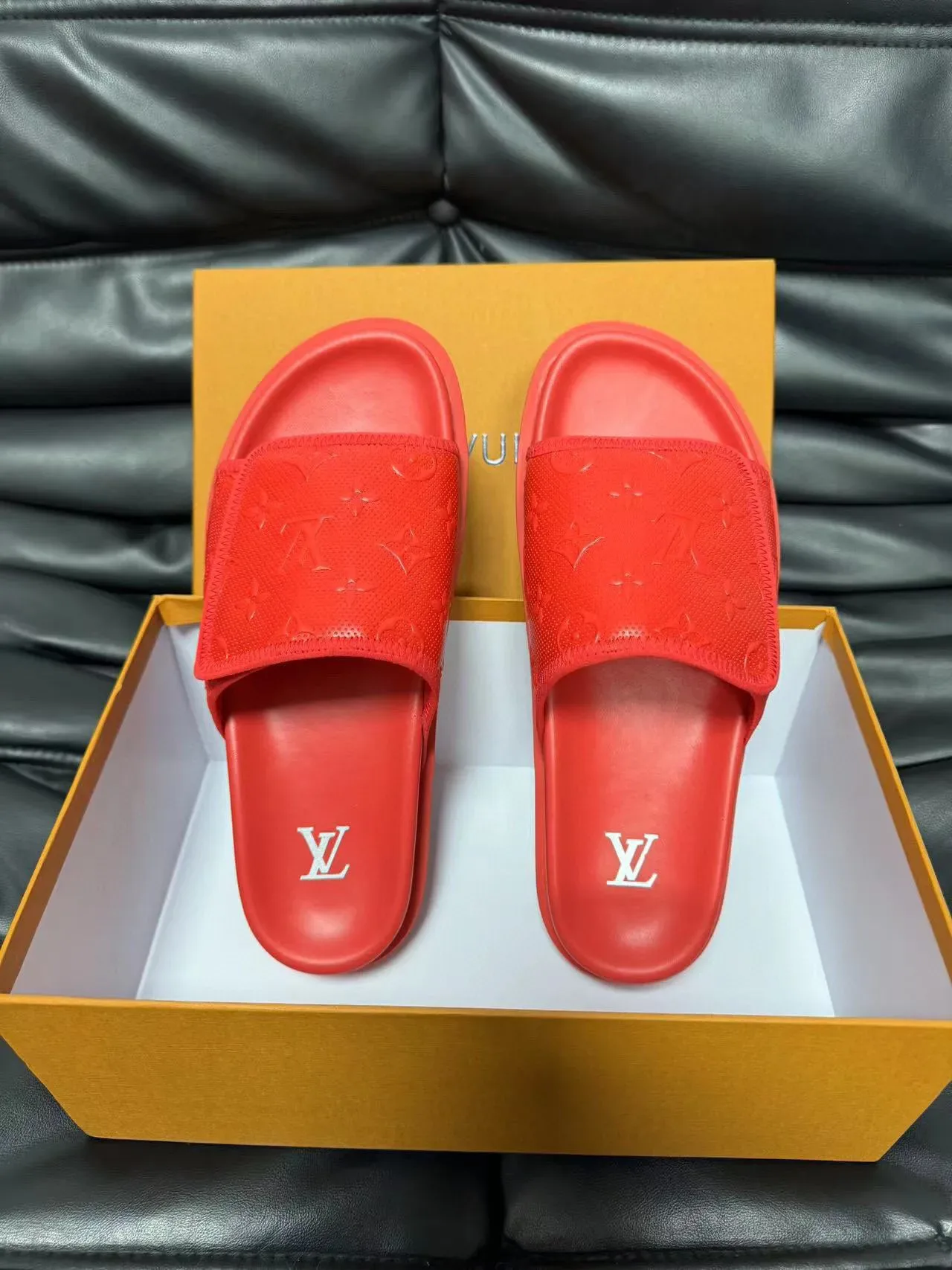 Louis Vuitton Slide Red Monogram-Embossed Rubber Single-Strap Slippers 5