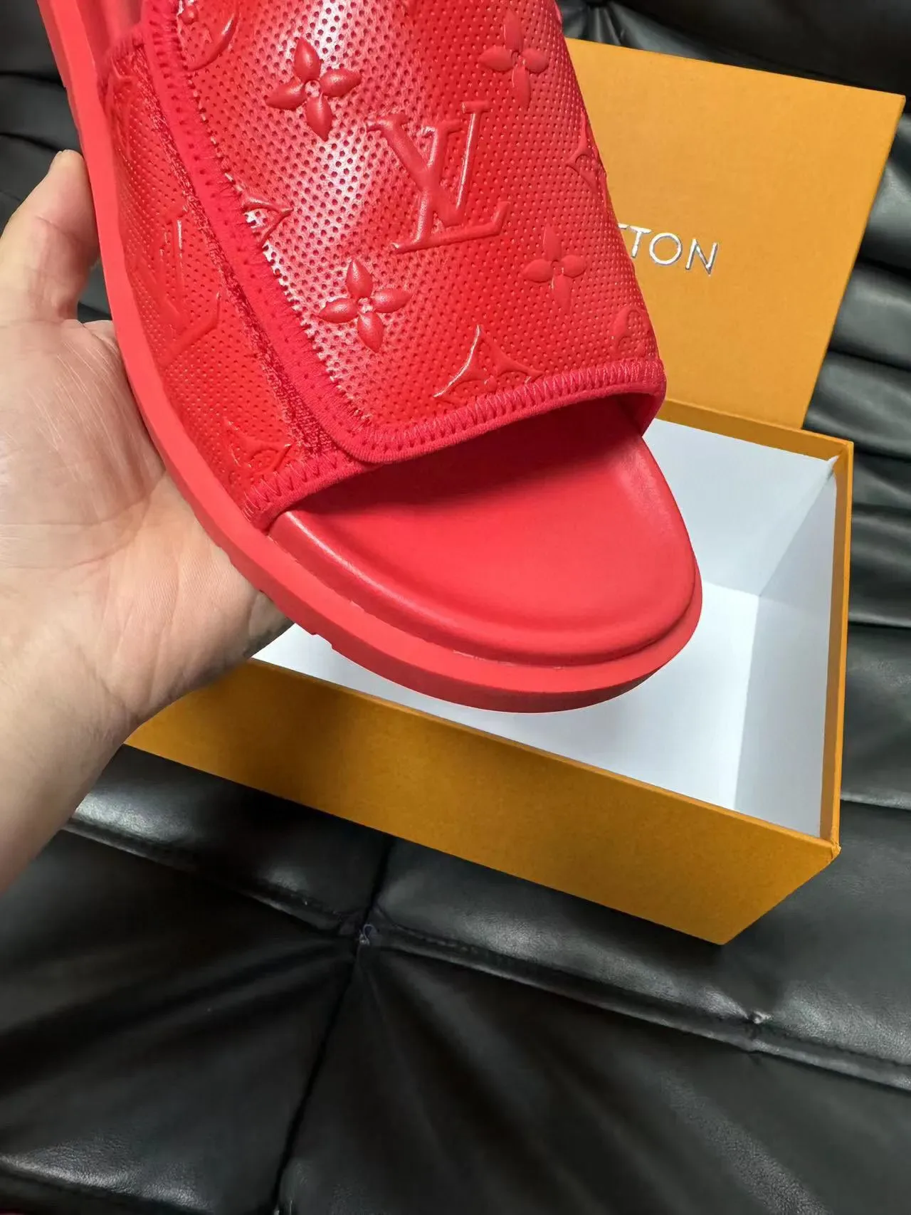 Louis Vuitton Slide Red Monogram-Embossed Rubber Single-Strap Slippers 7
