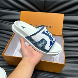 Louis Vuitton Slide सफेद और नीला Monogram डेनिम स्ट्रैप स्लिपर