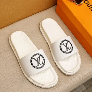 Louis Vuitton Slide सफेद काला मोल्डेड मोनोग्राम सोल चौड़ा लोगो पट्टी स्लिपर्स