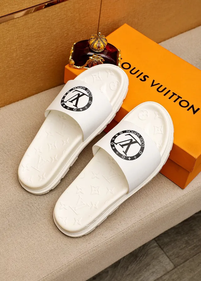Louis Vuitton Slide सफेद काला मोल्डेड मोनोग्राम सोल चौड़ा लोगो पट्टी स्लिपर्स 2