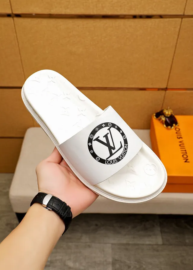 Louis Vuitton Slide सफेद काला मोल्डेड मोनोग्राम सोल चौड़ा लोगो पट्टी स्लिपर्स 4