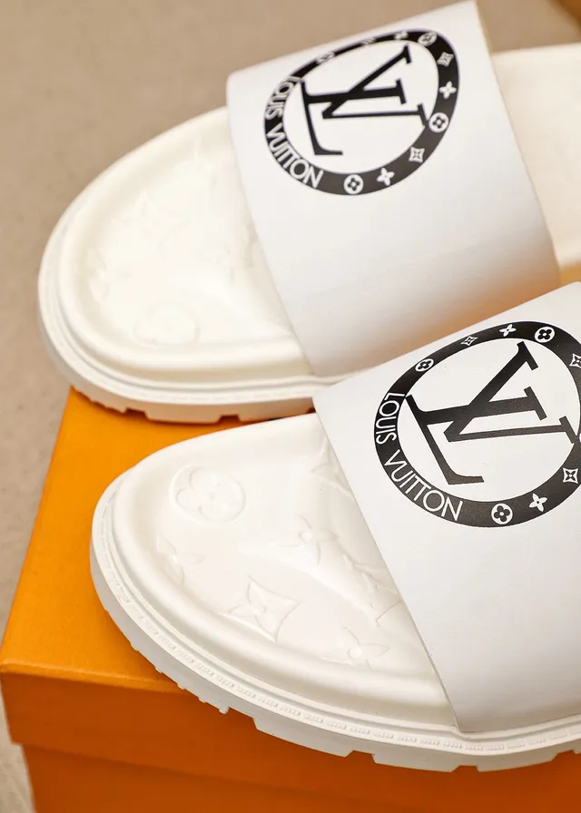 Louis Vuitton Slide सफेद काला मोल्डेड मोनोग्राम सोल चौड़ा लोगो पट्टी स्लिपर्स 6