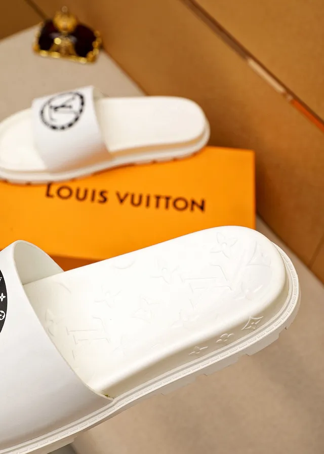 Louis Vuitton Slide सफेद काला मोल्डेड मोनोग्राम सोल चौड़ा लोगो पट्टी स्लिपर्स 7