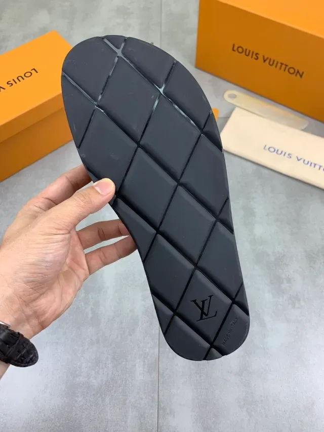 Louis Vuitton Slides Black Brown Monogram-Embossed Strap Rubber Sole Slippers 2