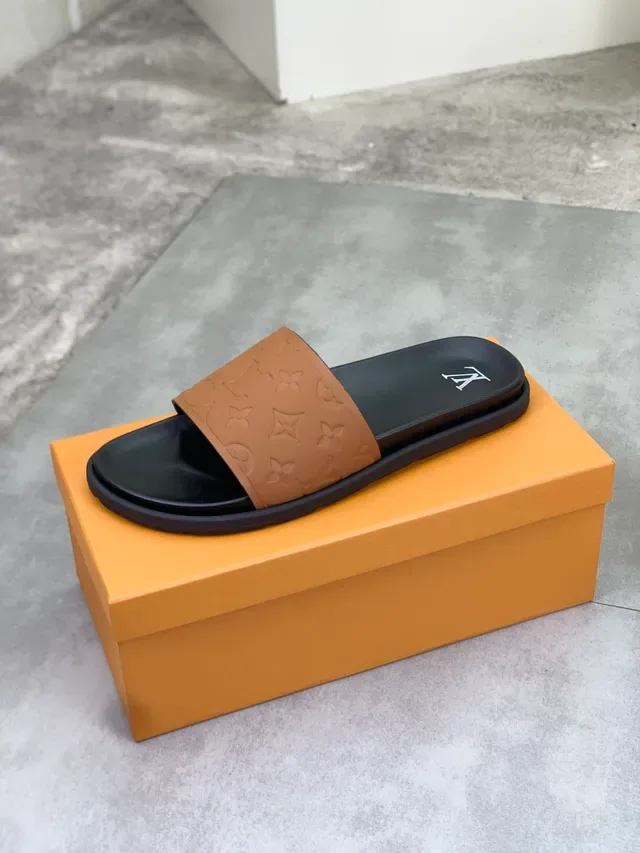 Louis Vuitton Slides Black Brown Monogram-Embossed Strap Rubber Sole Slippers 3