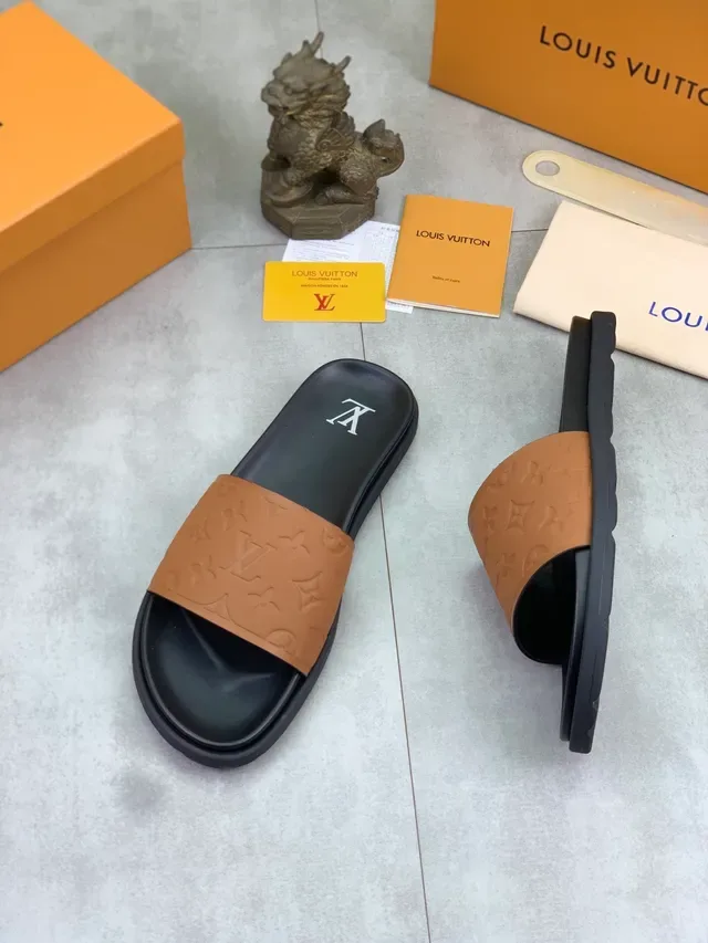 Louis Vuitton Slides Black Brown Monogram-Embossed Strap Rubber Sole Slippers 4