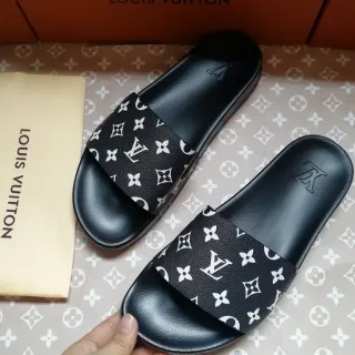 लुई विटन Slides काले सफेद Monogram-Print पट्टी Molded Rubber Sole स्लिपर्स