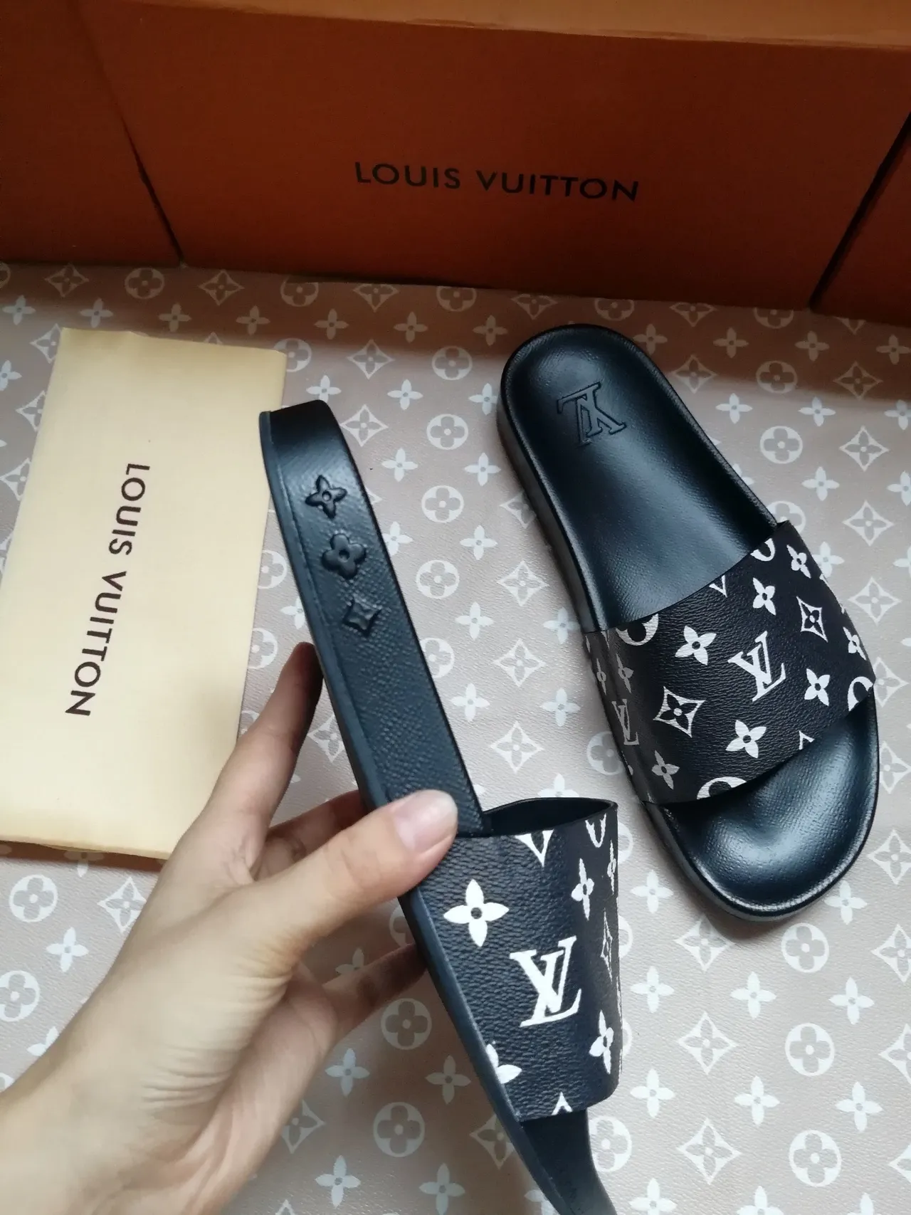 Louis Vuitton Slides Black White Monogram-Print Strap Molded Rubber Sole Slippers 2