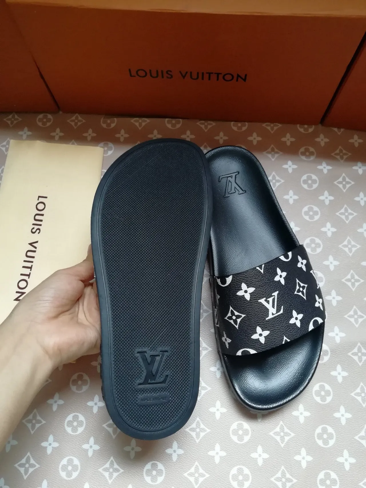 Louis Vuitton Slides Black White Monogram-Print Strap Molded Rubber Sole Slippers 3