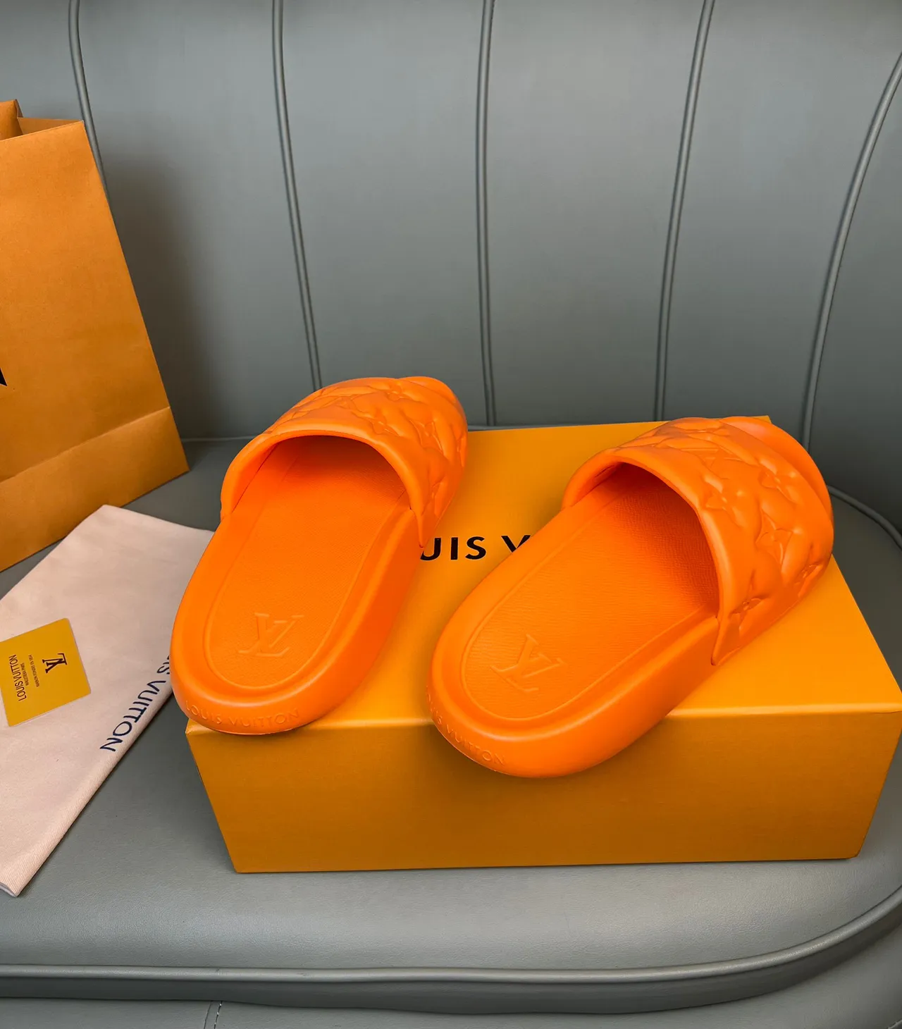 Louis Vuitton Slides Orange Monogrammed Molded Rubber Slippers 6