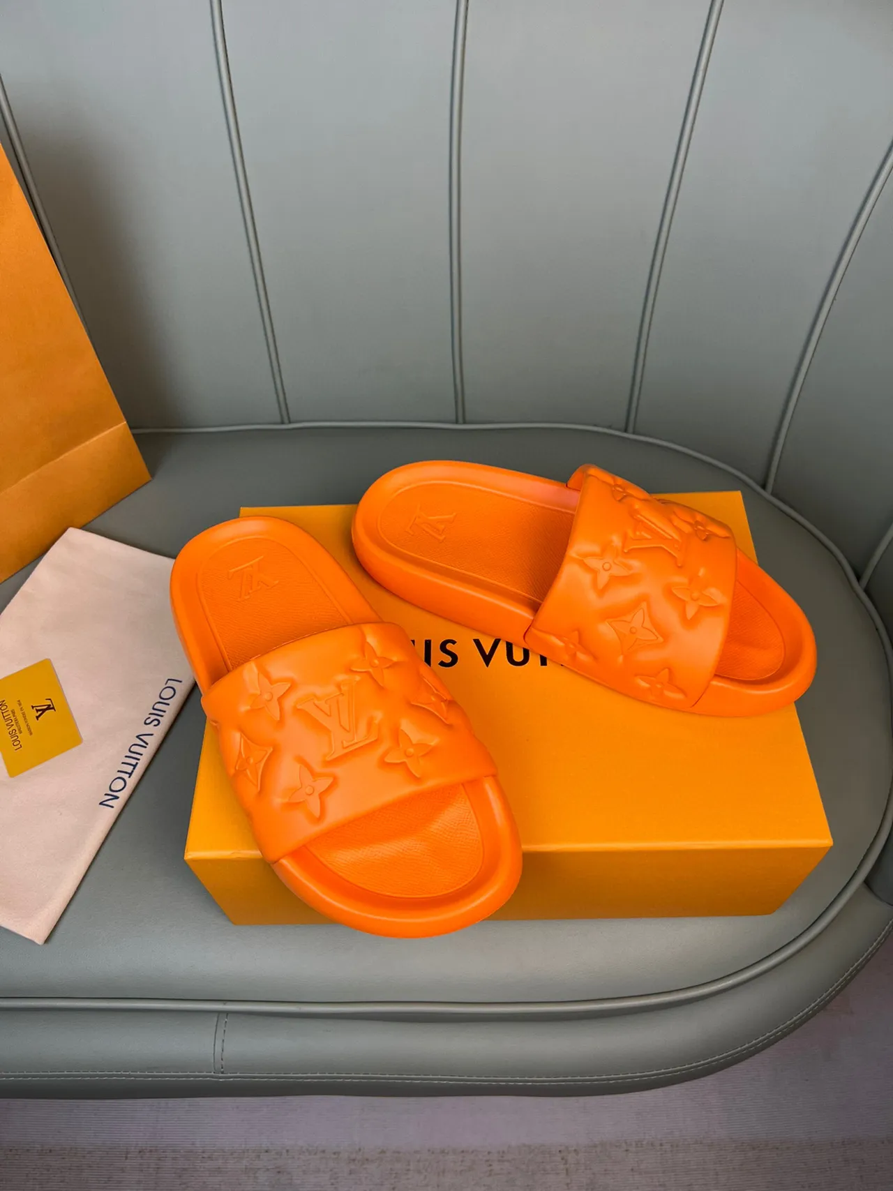 Louis Vuitton Slides Orange Monogrammed Molded Rubber Slippers 8