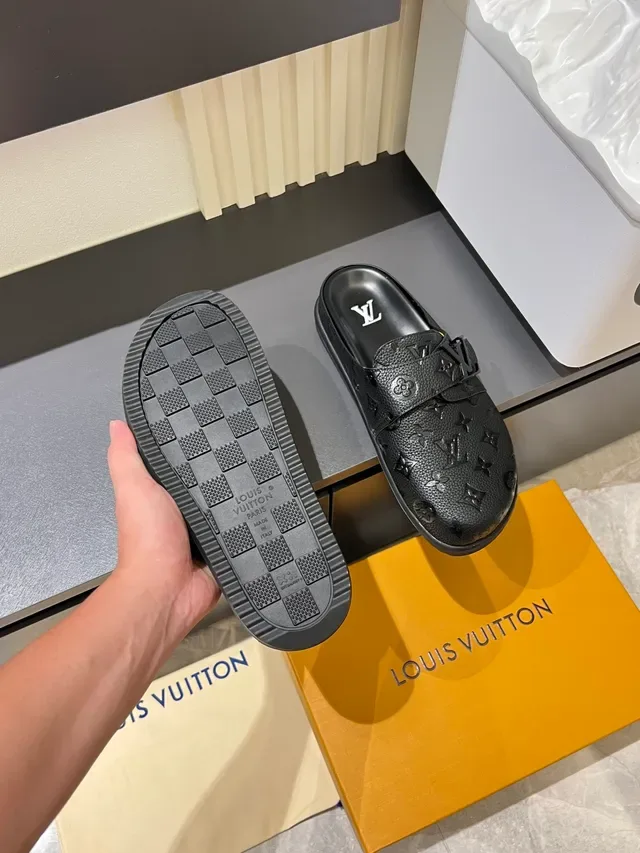 Louis Vuitton Slippers Black Monogrammed Leather Buckle Strap Casual Shoes 2