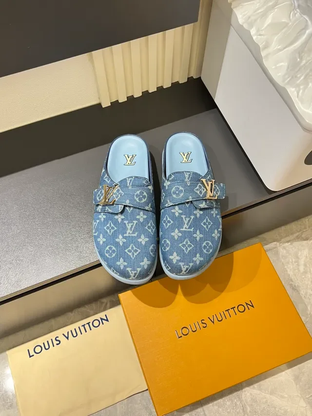 Louis Vuitton Slippers Black Monogrammed Leather Buckle Strap Casual Shoes 23
