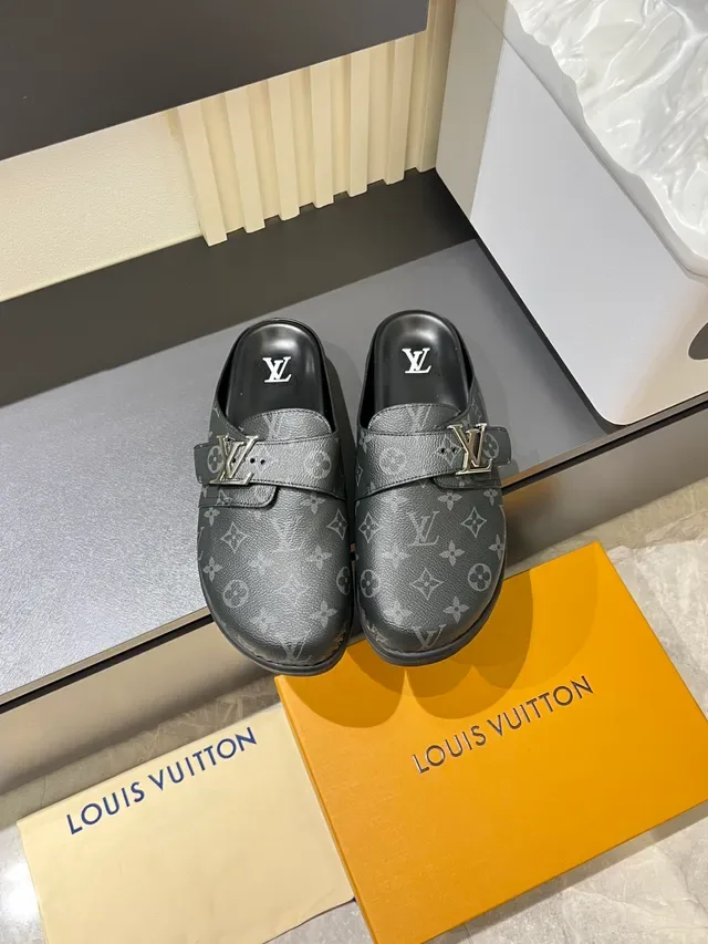 Louis Vuitton Slippers Black Monogrammed Leather Buckle Strap Casual Shoes 24