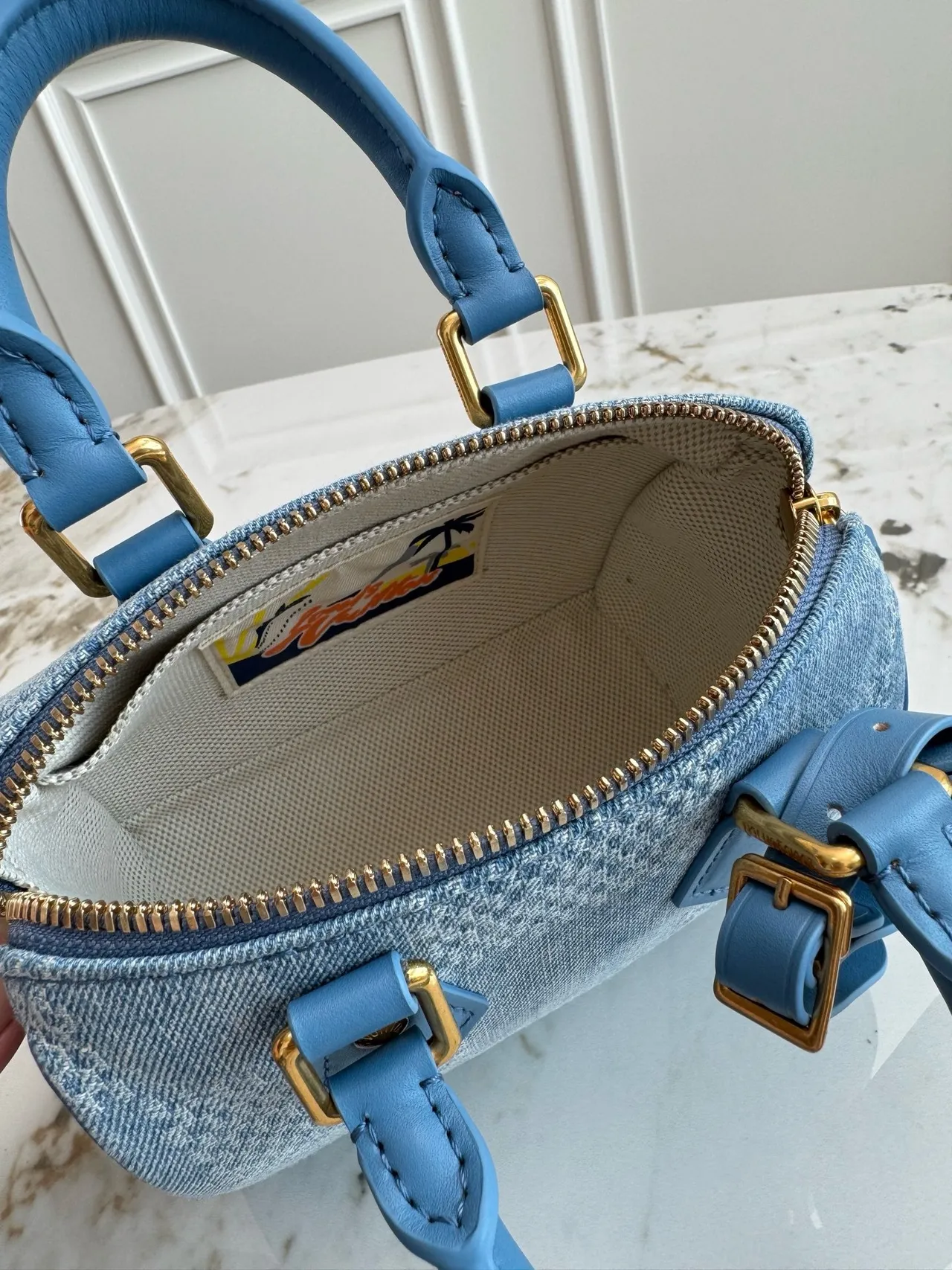 Louis Vuitton شكل برميل منظم نسيج الدنيم مونوغرام جاكارد حقيبة بوسطن 3