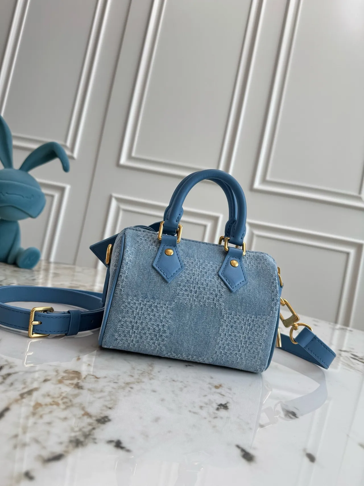 Louis Vuitton شكل برميل منظم نسيج الدنيم مونوغرام جاكارد حقيبة بوسطن 7